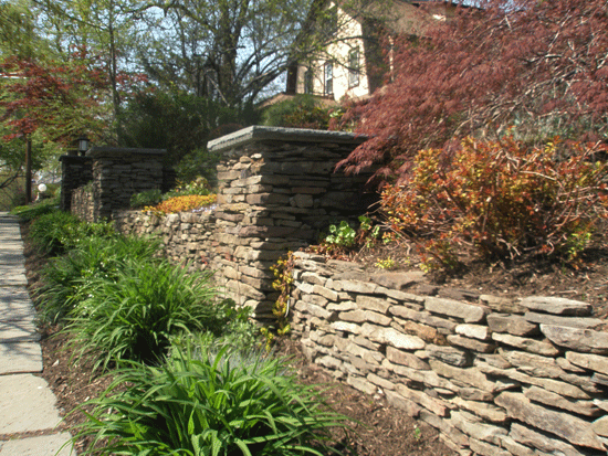 Dry Field Stone Retaining Wall with Columns