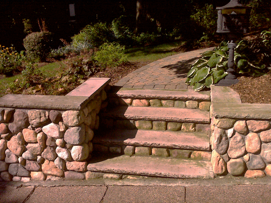 Masonry Retaining Wall Steps with Limestone Treads